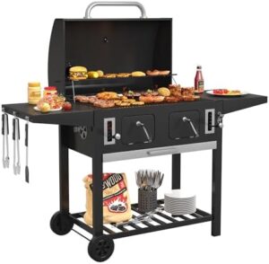 Experience professional-grade BBQ with the VICLLAX Extra-Large Premium Charcoal Grill featuring 600 sq in cooking space, dual adjustable trays and foldable side tables. Perfect for large gatherings, this grill offers a perfect blend of quality and convenience.