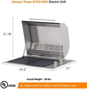 Discover the Kenyon Texan Electric Grill with dual knob control and rust-proof stainless steel body. Perfect for indoor and outdoor use, this UL-approved grill features two 1500W burners and dishwasher safe grates.