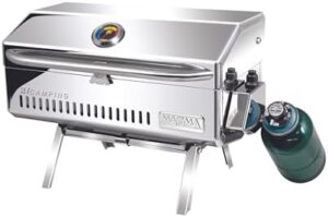 "Savor outdoor adventures with the MAGMA C10-603T Baja gas grill, featuring stainless steel construction and 430 square inches of cooking space. Perfect for camping trips or backyard gatherings."
