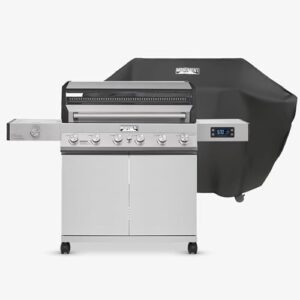 Here is the optimized SEO meta description:

"Experience the perfect blend of power and convenience with Monument Grills' 6-Burner Convertible Natural Gas Smart BBQ Grill, featuring stainless steel construction and a Denali 605 design. Includes a matching BBQ cover for added protection."