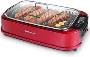 Discover the Techwood Smokeless Indoor Grill, featuring 1500W power, non-stick plates, and temperature control. Perfect for indoor cooking with a removable drip tray and tempered glass lid, dishwasher-safe for easy cleaning.
