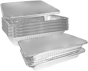 Here is the optimized meta description:

"Elevate your catering game with these heavy-duty 9x13 aluminum pans featuring lids and shallow design ideal for lasagna, roasting, cake, and food storing. Perfect for steam tables and commercial use."