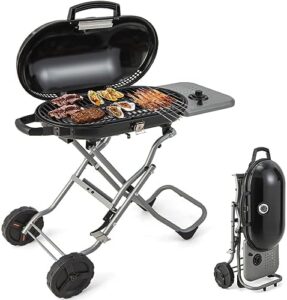 Here is the optimized SEO meta description:

"Perfect outdoor cooking companion: Giantex Portable Propane Gas Grill features 15,000 BTUs burner, side table, and folding stand-up design. Enjoy camping, barbecue, or backyard gatherings with this compact grill, perfect for small spaces. Save big with frequent sales and discounts!"