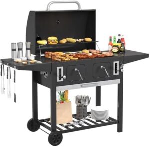 Here is the generated SEO meta description:

"Upgrade outdoor gatherings with the VICLLAX Extra Large Charcoal BBQ Grill, featuring 2 adjustable trays and foldable tables. Perfect for camping, picnics, or parties - cook for up to 8 people! Enjoy discounts and coupons on this top-rated grill."