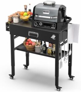 Elevate your outdoor cooking experience with this adjustable grill cart for Ninja Woodfire OG701 and more. Foldable design, 28"-34" height adjustment, and a seasoning tray for perfect results. Perfect for Ooni Pizza Oven, Blackstone Griddle, and BBQ enthusiasts!