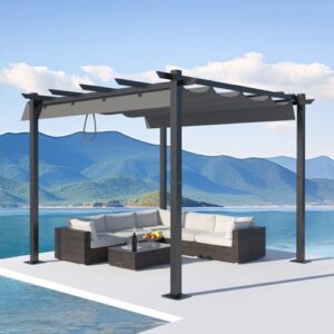 Here is the optimized meta description:

"Transform your outdoor space with this sturdy 10'x10' retractable pergola featuring a heavy-duty aluminum frame and waterproof canopy, perfect for gardens, porches, poolside gatherings or backyard BBQs. Enjoy shaded comfort at an unbeatable price!"