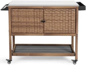 Enhance your outdoor cooking experience with the Outdoor Grill Cart Kitchen Island featuring a stainless steel top, storage compartments, and wheels for easy mobility. Perfect for backyard BBQs and patio gatherings!