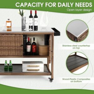 Enhance your outdoor cooking experience with the Outdoor Grill Cart Kitchen Island featuring a stainless steel top, storage compartments, and wheels for easy mobility. Perfect for backyard BBQs and patio gatherings!