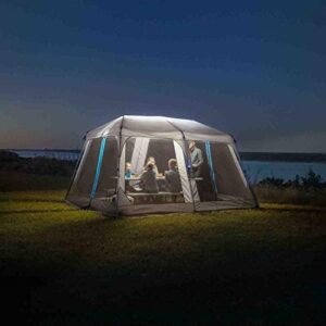 Light up your outdoor gatherings with this 12'x10' Instant Screen House featuring LED lights. Foldable and portable for camping, picnics, BBQs, and more. Perfect for backyards, patios, or parties.