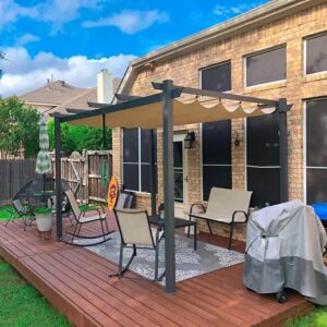 Here is the optimized SEO meta description:

"Transform your backyard with this 10' x 13' aluminum pergola featuring a weather-resistant canopy and sun shade, perfect for outdoor gatherings and gardening. Compact design and beige color match any patio decor."