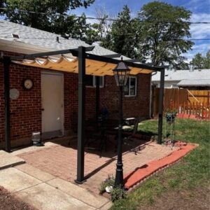 Here is the optimized SEO meta description:

"Transform your backyard with this 10' x 13' aluminum pergola featuring a weather-resistant canopy and sun shade, perfect for outdoor gatherings and gardening. Compact design and beige color match any patio decor."