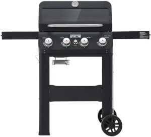 Here is the generated SEO meta description:

"Upgrade your outdoor cooking experience with the 4-Burner Liquid Propane Gas Grill featuring Matte Black Stainless Steel burners, Clearview Lid and foldable shelf for patio or backyard barbecues."