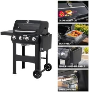 Here is the generated SEO meta description:

"Upgrade your outdoor cooking experience with the 4-Burner Liquid Propane Gas Grill featuring Matte Black Stainless Steel burners, Clearview Lid and foldable shelf for patio or backyard barbecues."