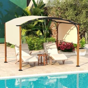 Elevate your outdoor living with this 10x12Ft arched pergola featuring a retractable sun shade canopy and extra large patio shelter perfect for decks, porches, gardens, and yards. Save up to 30% on this stylish beige outdoor structure today!