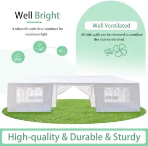 Protect your outdoor celebration from the elements with our 10X30FT White Party Canopy Tent, featuring 8 removable sidewalls for a customizable space. Perfect for BBQs, birthdays, weddings, and more!