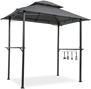 Enhance your outdoor cooking experience with the 8'x5' Grill Gazebo Canopy, featuring a steel frame, two shelves, nine hooks, and a bottle opener. Perfect for backyard or patio use!