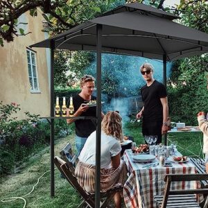 Enhance your outdoor cooking experience with the 8'x5' Grill Gazebo Canopy, featuring a steel frame, two shelves, nine hooks, and a bottle opener. Perfect for backyard or patio use!