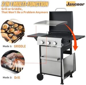 Boost your outdoor cooking with the 3 Burner Outdoor Flat Top Griddle Grill Combo, featuring 2-in-1 propane gas BBQ grill and enameled cast iron grids. Perfect for patio or backyard use, 36900 BTU.