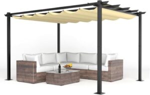 Here is the meta description:

"Elevate your outdoor space with this 10x13ft retractable pergola featuring an aluminum frame and beige canopy. Perfect for gardens, porches, poolside, or backyard BBQs."