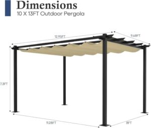 Here is the meta description:

"Elevate your outdoor space with this 10x13ft retractable pergola featuring an aluminum frame and beige canopy. Perfect for gardens, porches, poolside, or backyard BBQs."