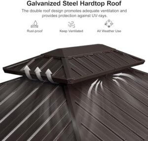 Here is the generated SEO meta description:

"Stay shaded and grill on with this permanent metal roof gazebo featuring 2 side shelves for patio gatherings. Perfect for outdoor BBQs and yard events, its aluminum frame provides durable protection."