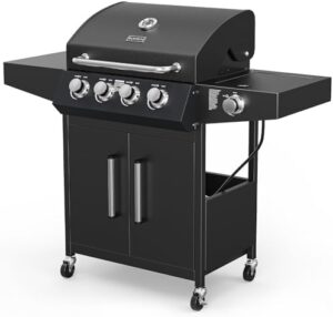 "Upgrade your outdoor grilling experience with the 4-Burner Propane Gas BBQ Grill featuring a side burner and enameled cast iron grates. Perfect for backyard cooking, this 58,000 BTU grill has wheels for easy mobility."