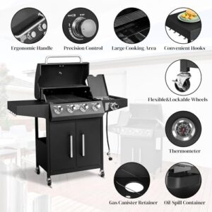 "Upgrade your outdoor grilling experience with the 4-Burner Propane Gas BBQ Grill featuring a side burner and enameled cast iron grates. Perfect for backyard cooking, this 58,000 BTU grill has wheels for easy mobility."