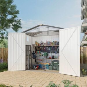 "Maximize your outdoor storage space with this 6x4x6FT galvanized steel shed featuring a lockable door and window, perfect for securing tools and equipment in your garden, backyard or patio."