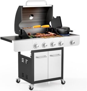 "Savor backyard gatherings with the 4-Burner Propane Gas Grill featuring a side burner, stainless steel construction, and ample 490 Sq. In. grilling area, perfect for outdoor cooking. Up to 51,000 BTUs of power. No coupons available at this time."