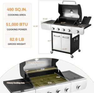 "Savor backyard gatherings with the 4-Burner Propane Gas Grill featuring a side burner, stainless steel construction, and ample 490 Sq. In. grilling area, perfect for outdoor cooking. Up to 51,000 BTUs of power. No coupons available at this time."
