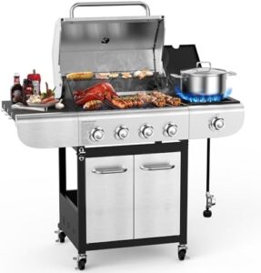 Here is the output:

"Upgrade your outdoor cooking with this 44000 BTU propane gas grill featuring a side burner, casters for easy mobility and stainless steel construction. Perfect for patio or backyard gatherings."