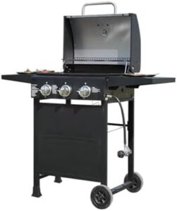 Here is the optimized meta description:

"Upgrade your outdoor cooking with this 3-Burner Propane Grill featuring a front hanging basket and powerful 30,000 BTU burner. Perfect for backyard, patio, or garden use - save big on gas grills like this one!"