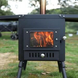 Here is the generated meta description:

Portable camping stove for tent, picnic, hiking, fishing, and yard BBQ. Wood burning stove with chimney pipe, perfect for heating and cooking on-the-go.