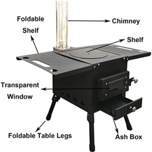 Here is the generated meta description:

Portable camping stove for tent, picnic, hiking, fishing, and yard BBQ. Wood burning stove with chimney pipe, perfect for heating and cooking on-the-go.