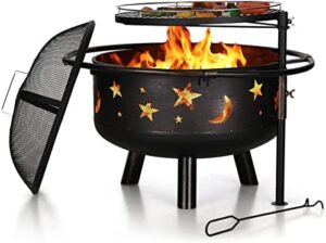 Elevate your backyard gatherings with this 30" wood burning fire pit featuring a grill and cooking grate. Perfect for patio or lawn use, it includes a poker and spark screen.