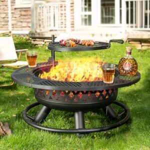 Discover the ultimate outdoor experience with this 36-inch fire pit featuring a grill, lid, and fire poker. Perfect for patio bonfires, camping, or backyard gatherings.