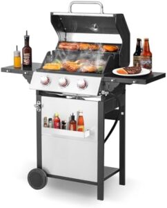 Discover the ultimate outdoor grilling experience with our 3-Burner Propane Gas Grill featuring 2 foldable side tables, stainless steel construction, and porcelain-enamelled cast iron grates. Perfect for patio or backyard BBQs!