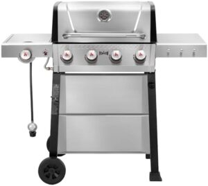 Here is the meta description:

"Powerful outdoor cooking with this 4-Burner Propane Gas Grill featuring stainless steel construction and porcelain-enamel cast iron grates. Perfect for backyard BBQs and patio gatherings."
