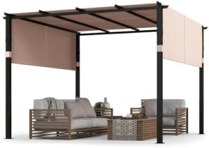 Elevate your outdoor living with this spacious 10x10 Ft pergola featuring a 2-piece retractable sun shade canopy, perfect for decks, porches, and gardens.