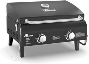 Get sizzling results with this portable gas grill featuring dual burners and 275 sq.in cooking space. Perfect for camping, tailgating, or backyard BBQs! Enjoy wind-proof lid and built-in thermometer.