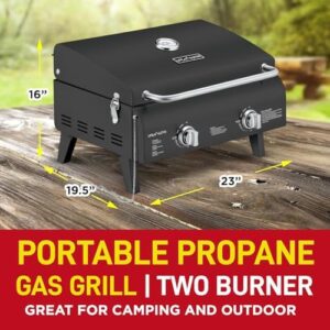Get sizzling results with this portable gas grill featuring dual burners and 275 sq.in cooking space. Perfect for camping, tailgating, or backyard BBQs! Enjoy wind-proof lid and built-in thermometer.