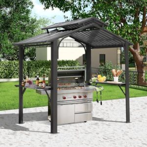 Discover the Domi 8x5FT Hardtop Grill Gazebo, a sturdy outdoor BBQ shelter with galvanized steel double roof and sun shade. Perfect for patio decks, yards, and gardens, featuring 2 side shelves and ceiling hook for added convenience.