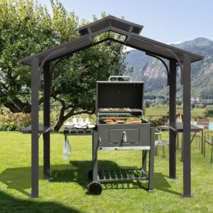 Discover the Domi 8x5FT Hardtop Grill Gazebo, a sturdy outdoor BBQ shelter with galvanized steel double roof and sun shade. Perfect for patio decks, yards, and gardens, featuring 2 side shelves and ceiling hook for added convenience.