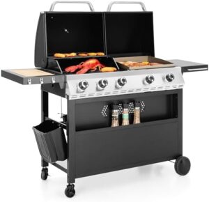 Savor outdoor cooking experiences with the Propane Gas Griddle Grill Combo featuring porcelain-enameled cast iron grate and pan, perfect for 696 SQIN of cook area, ideal for backyard barbecues and outdoor kitchens. Enjoy!