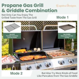 Savor outdoor cooking experiences with the Propane Gas Griddle Grill Combo featuring porcelain-enameled cast iron grate and pan, perfect for 696 SQIN of cook area, ideal for backyard barbecues and outdoor kitchens. Enjoy!
