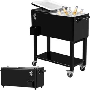 Stay cool on-the-go with this 80 Quart Rolling Cooler Cart featuring a waterproof cover and sturdy wheels perfect for patio parties, camping trips, or beach days. Enjoy your favorite drinks in style!