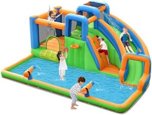 "Transform your backyard into a giant water park with this 7-in-1 inflatable water slide, featuring splash pool, water cannons, climbing walls, and blow-up slides for kids and adults to enjoy."
