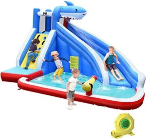 "Transform backyard fun with this shark-themed waterslide park featuring a long slide, splashing pool, and powerful 750w blower. Perfect for kids and adults to enjoy together!"