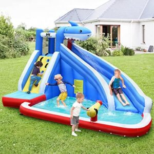 "Transform backyard fun with this shark-themed waterslide park featuring a long slide, splashing pool, and powerful 750w blower. Perfect for kids and adults to enjoy together!"