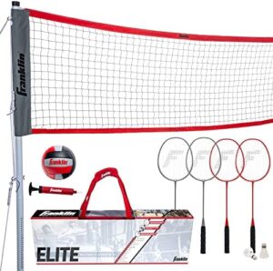 "Improve backyard or beach games with this portable volleyball and badminton combo set. Includes net poles, rackets, and birdies. Perfect for families, friends, and recreational players."